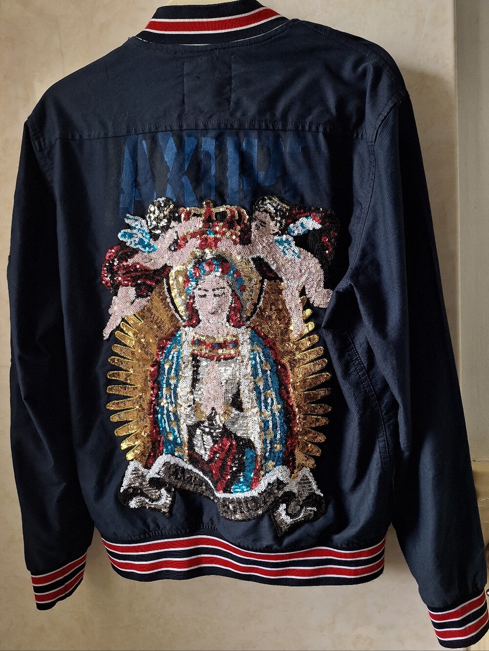 Denim & Flower M Varsity Jacket Embellished Sequine Virgin Mary